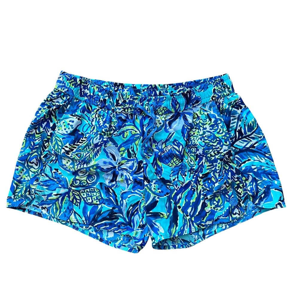 Lilly Pulitzer Run Around Shorts Small Blue Tropical Print Drawstring Pockets